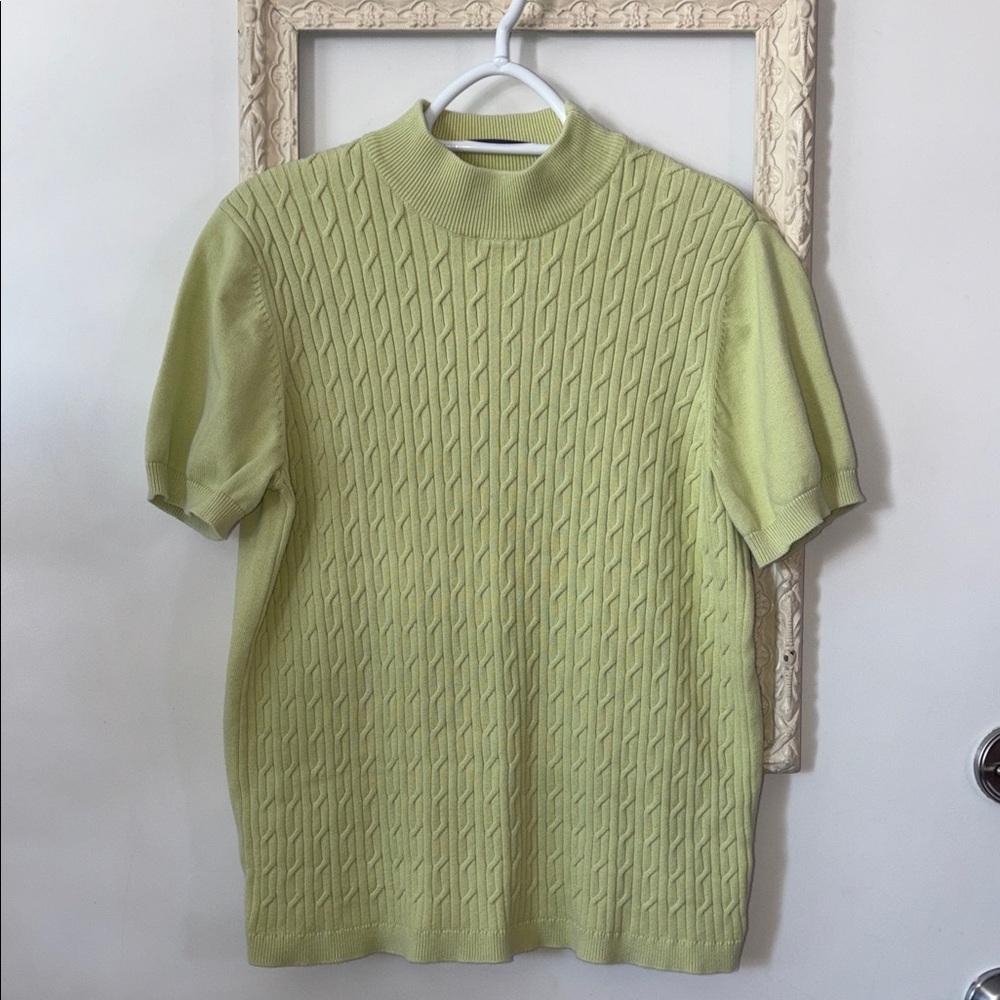 TRADITION | Green Cable Knit Mock Neck Sweater Short Sleeve Shirt